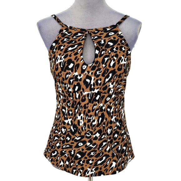 Ellen Tracy Swim Top Womens 14 Brown Black Animal Print Tankini Beach Resort - Picture 1 of 12